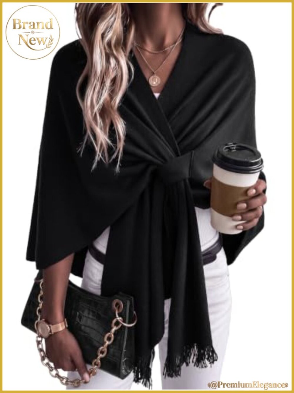Wool Blend Front Loop Fleece Sweater Shawl Wrap Fringe One Size
